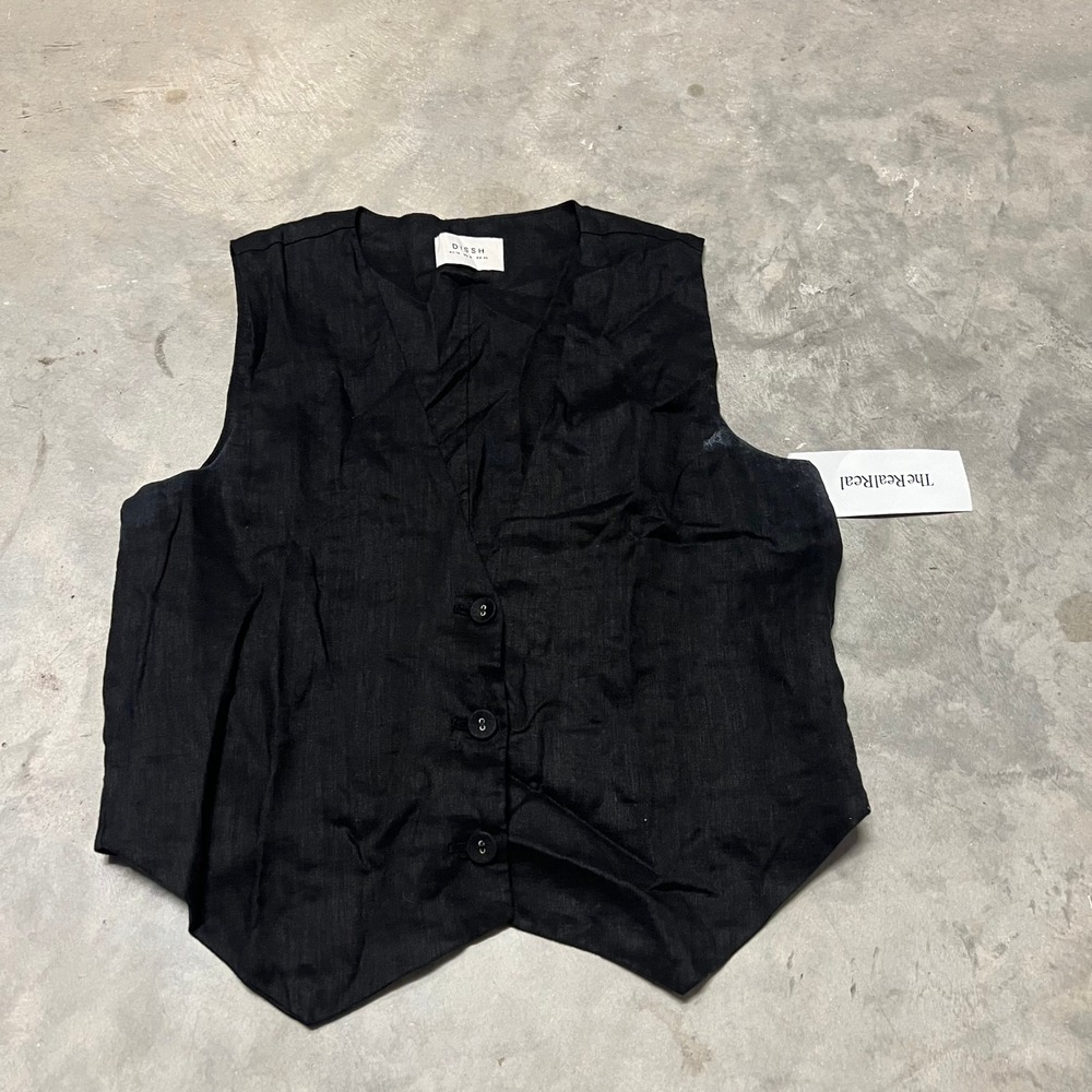 DISSH Women Black Linen Waistcoat Vest V-Neck Button Up DFS01002BK Size US 8